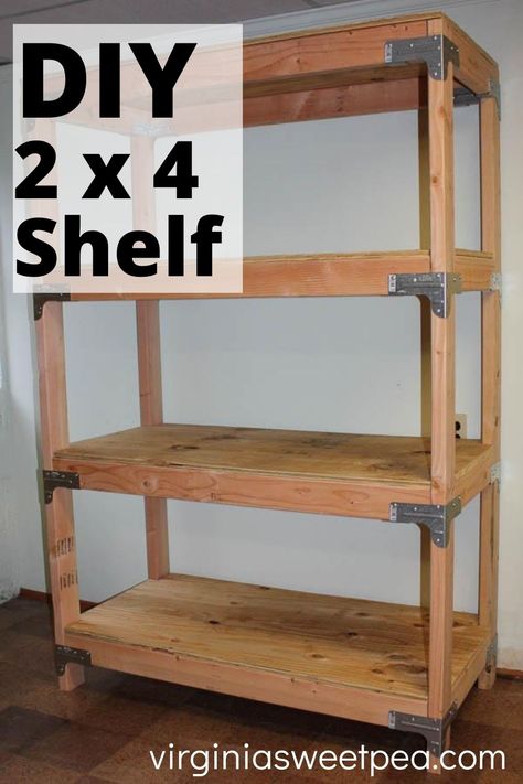 DIY 2x4 Shelf - Learn how to make a super handy shelving unit with plyboard and 2x4 lumber. This is great for a garage, basement, or shed. #2x4project #diyshelves #diyshelvingunit via @spaula Basement Shelving, Diy Storage Shelves, Diy Wood Shelves, Garage Storage Shelves, Basement Storage, Diy Garage Shelves, Diy Garage Storage, Garage Shelf, Garage Shelving