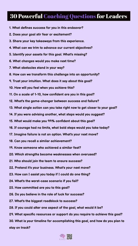 Unlock Success with these 30 Powerful Coaching Questions for Leaders As leaders, coaching is a vital tool for nurturing our teams. The art of questioning can boost confidence, uncover opportunities, and dispel doubts. It's a way to show that everyone possesses untapped potential. These 30 questions are your coaching arsenal: Coaching Vs Mentoring, Mental Performance Coach, Powerful Coaching Questions, Coaching Questions For Employees, Health Coach Questions, Life Coaching Questions, Career Coaching Questions, Mentorship Questions, Mentoring Questions