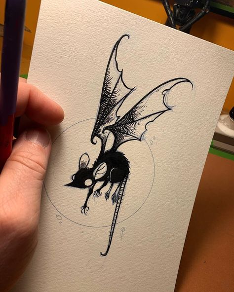 Bat Drawing Ideas, Bat Skeleton Drawing, Rat Drawing Punk, Rat Linocut, Cute Goth Art, Cute Rat Tattoo, Bat Sketches, Rat Watercolor, Cute Bat Drawing