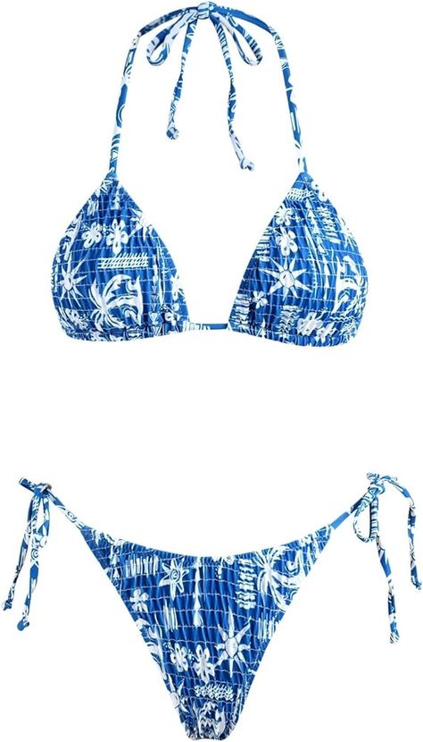 VOLAFA Women's Triangle Bikini Set String Swimsuit Print Tie Smocked Ruched Two Piece Bathing Suit, Royal Blue, 4 : Amazon.ca: Clothing, Shoes & Accessories Two Piece Bathing Suit, Suit Clothing, Triangle Swimsuit, Outfit Inspo Summer, Print Swimsuit, Printed Ties, Bathing Suit, Smocking, Bathing Suits