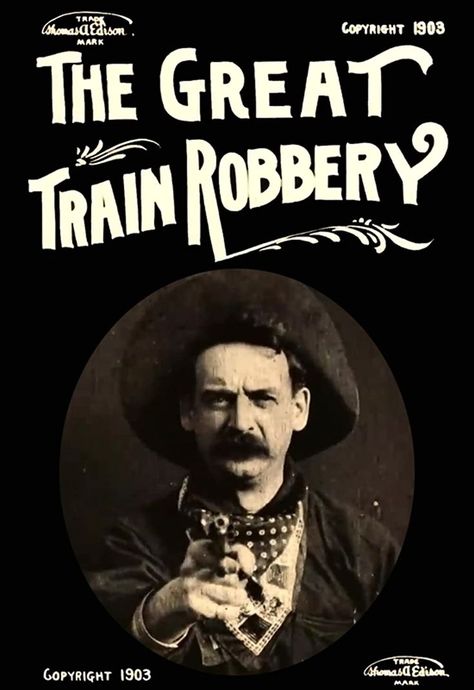 The Great Train Robbery is a 1903 American silent Western film made by Edwin S. Porter. It follows a gang of outlaws who hold up and rob a steam locomotive at a station in the American West, flee across mountainous terrain, and are finally defeated by a posse of locals. The short film draws on many sources, including a robust existing tradition of Western films, recent European innovations in film technique, the play of the same name by Scott Marble, the popularity of train-themed films. Great Train Robbery, Train Robbery, The Great Train Robbery, Film Technique, Western Film, Flyer And Poster Design, Film History, Silent Film, Short Film