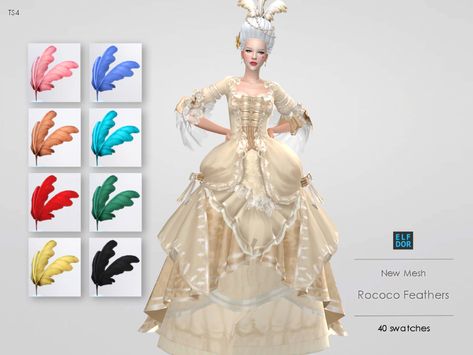 Rococo Feathers - ELFDOR Sims 4 Rococo Dress, Sims 4 Queen Dress, Rococo Sims 4 Cc, Sims 4 Rococo Cc, Sims 4 Princess Dress, Sims 4 Victorian Cc, Sims 4 Cc Victorian, Sims Victorian, Merida Dress