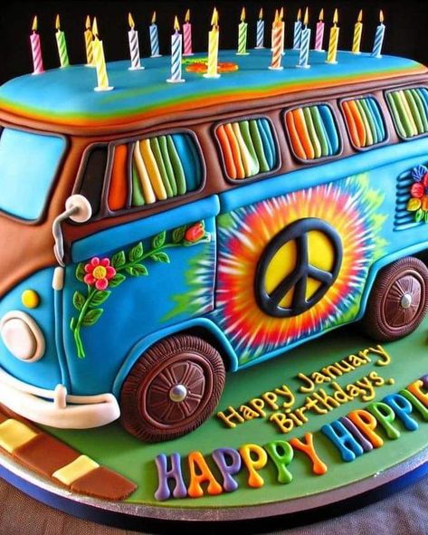 Scooby Doo Birthday Cake, Combi Hippie, Hippie Cake, Hippie Birthday Party, Cookie Recipes Decorating, Hippie Birthday, Born In January, Vw Art, Hippie Party