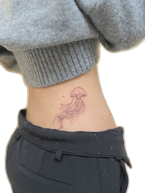 Hip Tattoo Jellyfish, Hip Jellyfish Tattoo, Long Jellyfish Tattoo, Tattoo Ideas Female Jellyfish, Jellyfish Tattoo On Hip, Aesthetic Jellyfish Tattoo, Minimal Jellyfish Tattoo, Princess Jellyfish Tattoo, Two Jellyfish Tattoo