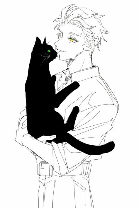 Holding Cat Reference Pose, Cat With Owner Drawing, Man And Cat Drawing, Anime Guy Holding Cat, Person Holding Dog Reference, Holding Dog Pose Drawing, Holding Cat Pose Reference Drawing, Man With Cat Drawing, Holding A Cat Reference Drawing