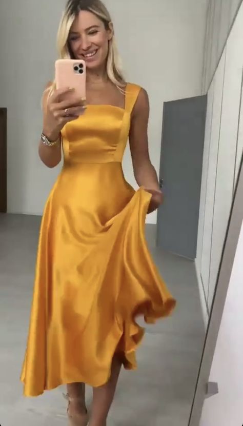 Dark Yellow Dress, Yellow Orange Dress, Evermore Dress, Orange Dress Outfits, Yellow Satin Dress, Graduation Dress College, Yellow Bridesmaid Dresses, Prom Dresses Yellow, Puff Dress