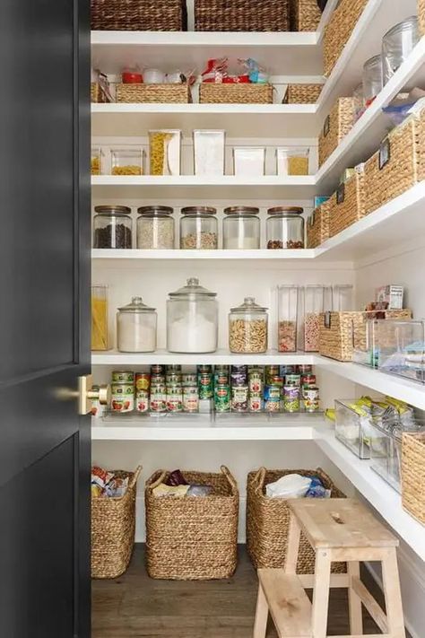 20 Walk-In Pantry Ideas For Stylish Kitchen Storage Pantry Cupboard Walk In, Wooden Pantry Organization, Farmhouse Pantry Storage, Walk In Larder Pantry, Larder Cupboard Ideas Walk In, Pantry Floor Organization Ideas, Small Walkin Pantry Design Ideas, Walkin Pantry Ideas Storage, L Shaped Pantry Design