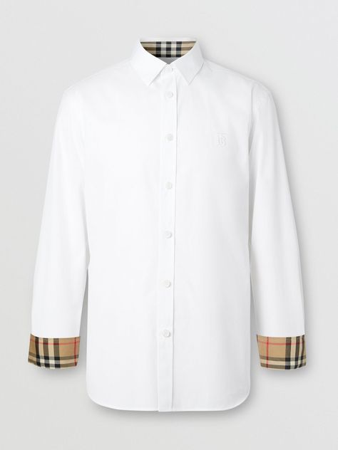 Slim Fit Monogram Motif Stretch Cotton Poplin Shirt in White - Men | Burberry United Kingdom Burberry Clothes, Burberry Shirts For Men, Burberry Shorts, Plain Polo Shirts, Burberry Shirts, Burberry Shirt, White Shirt Men, Street Style Outfits Men, Luxury Men