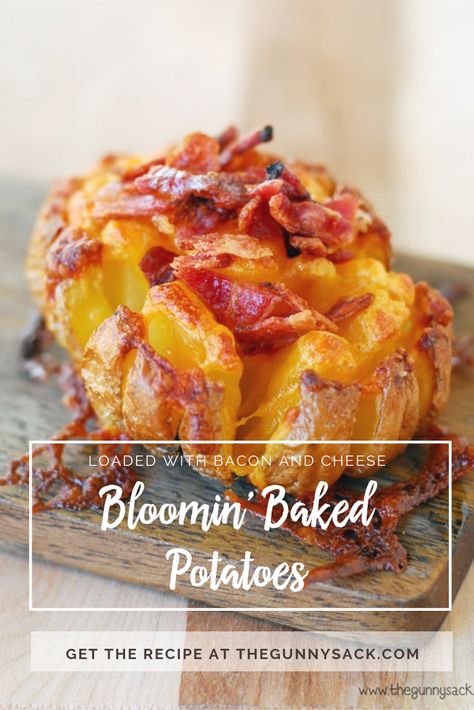 Bloomin Baked Potato Recipe, Baked Potato Loaded, Potato Loaded, Potatoe Recipes, Best Potato Recipes, Gunny Sack, Baked Potato Recipes, Potato Sides, Loaded Baked Potatoes