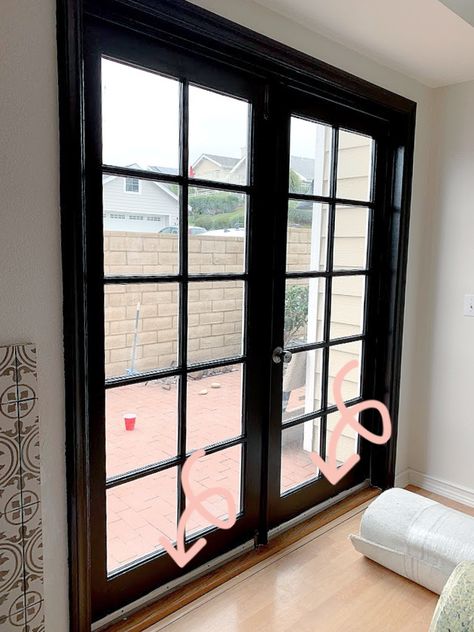 Black Trim Patio Doors, Black Kitchen Doors To Outside, Painted Black French Doors, Black Doors In Kitchen, Painting French Doors Black, Black Interior French Doors, Black French Doors Exterior Patio, Black Patio Doors, Black French Doors Interior