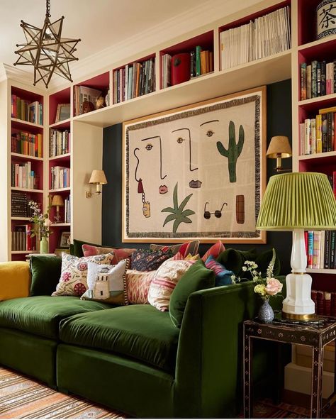 A home library - sounds very grand but really it’s just putting all the books you own in one place, displayed on some soft of shelving. Enhance the library feel by painting shelving/ book case the same colour as the walls and adding wall lights or lamps. Showcase books in colour or size groups or try stacking horizontally as well as vertically. . . . . . . . . . . . . Home library inspiration credited to: @thisoakhouse @houseandgardenuk @sarahbrowninteriors @inter_ior_stellar @ashleybhanl... Small Tv Room, Tv Nook, Green Sofa Living Room, Brighton Houses, Snug Room, Cosy Lounge, Tv Watching, Deep Sofa, Tv Room Design