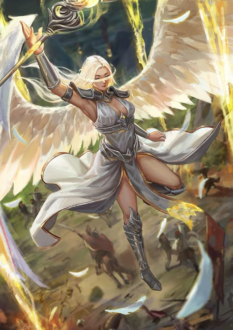 Female Aasimar Art, Winged Aasimar, Warrior Angel Art, Angel Warrior Female Goddesses, Female Angel Warrior, Angel Character Art, Female Angel Art, Angels Character Design, Angel Fantasy Art