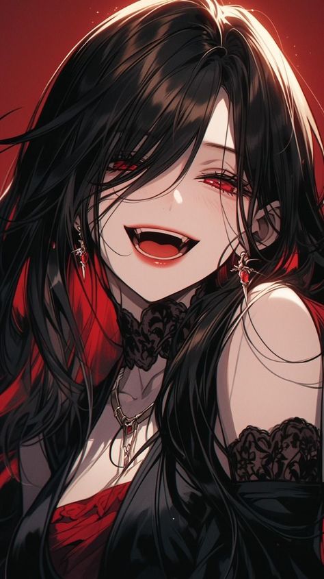 Black Hair And Red Eyes Anime, Red Characters Anime, Black And Red Hair Character, Red Eye Character, Black Haired Vampire, Black Hair Red Eyes Girl, Vampire Anime Woman, Vampire Female Oc, Anime Black Hair Red Eyes