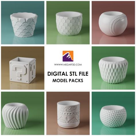 STL file Pot Vase Planter Pack・3D printer model to download・Cults 3d Printed Succulent Planter, 3d Printer Plant Pots, 3d Printer Flower Pot, 3d Printing Pots & Planters, Useful 3d Prints, Planting Plants, 3d Printing Diy, 3d Printer Diy, White Cement