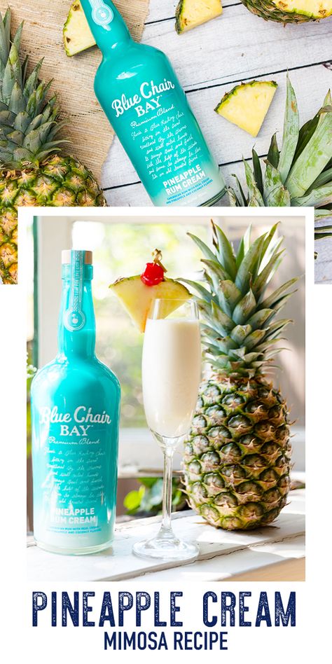 Blend Blue Chair Bay Pineapple Rum Cream with champagne, pineapple juice, and ice. Pour into a champagne flute and enjoy your delicious brunch cocktail!  #bluechairbay #pineapplerumcream #mimoarecipe Pineapple Rum Cream, Pineapple Cup, Medicine Tips, Coctails Recipes, Rum Cream, Mimosa Recipe, Rum Recipes, Yummy Alcoholic Drinks, Pineapple Rum