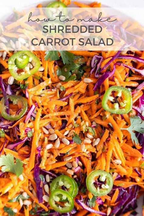 This shredded carrot salad is a little different from what you may expect-- it’s a fresh, crunchy, zesty salad packed with tart lime, spicy jalapenos, and a shower of herby cilantro. We add sunflower seeds and thinly shaved cabbage for extra crunch and a drizzle of honey to pull it all together. Shaved Carrot Salad, Shredded Carrot Salad, Salad Plating, Simple Summer Desserts, Salads For Dinner, Southwest Quinoa Salad, Carrot Raisin Salad, Fancy Salads, Zesty Salad