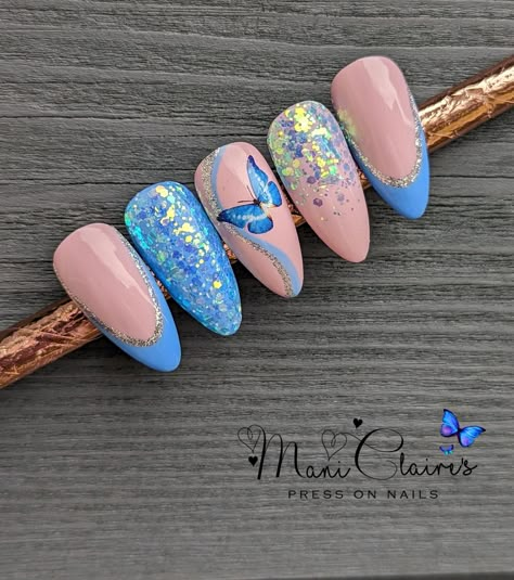 Blue butterfly nail design Blue Butterfly Nail Designs, Butterfly Blue Nails, Nail Art Designs Butterfly, Spring Butterfly Nails, Blue Nails With Butterflies, Spring Nails Floral, Blue Butterfly Nails, Spring Time Nails, Butterfly Nail Design