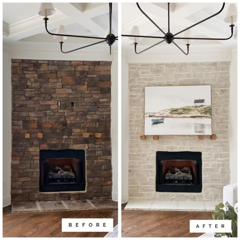 Painted Stack Stone Fireplace, Update Brick Fireplace Before After, Stone Fireplace Makeover Diy, Paint Stacked Stone Fireplace, Remodel Fireplace Before And After, Rock Fireplace Makeover Before And After, Fireplace Remodel Before And After, Stone Fireplace Makeover Before After, Painted Rock Fireplace Before And After