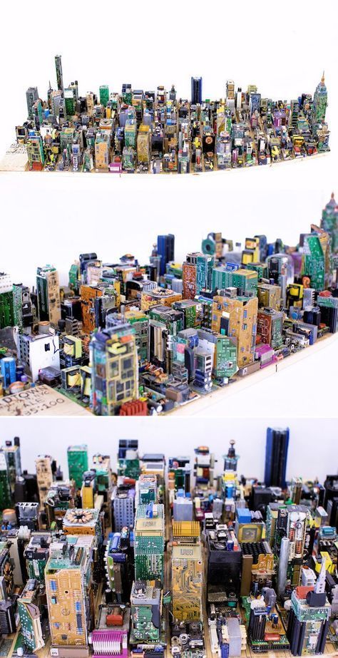 Zayd Menk, a 17-year-old student from Zimbabwe, spent over 3 months constructing a scale model of Manhattan from recycled computer parts. Computer Recycling, Plants In Bottles, Recycled Art Projects, Paper City, Architectural Model, Computer Parts, City Scape, Cd Art, Midtown Manhattan