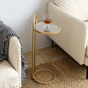 Gold Glass Small Drink Snack Accent Martini Table, C Shaped Side End Table, No-Assembly, 10" D x 28.5" H Martini Table, Phone Table, Side End Table, C Table, Living Room End Tables, Drink Table, Gold Glass, Outdoor Shade, Cocktail Tables