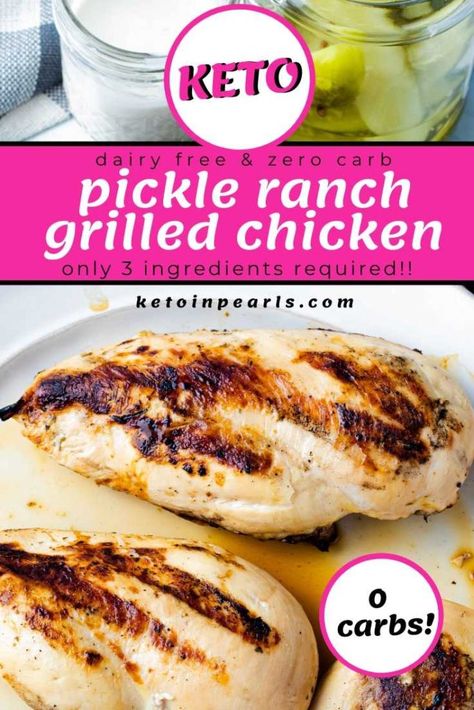 This keto grilled chicken is for all the pickle lovers! Bonus, you only need 3 ingredients to make this tangy and herby dairy free grilled chicken! If you haven't tried combining dill pickle and ranch, you're in for a real treat with this easy keto chicken recipe. Keto Grilled Chicken, Pickle Ranch, Delicious Low Carb Recipes, Kid Approved Meals, Ketogenic Meal Plan, Low Carb Chicken Recipes, Ranch Dip, Pickle Juice, Grilling Chicken Breast