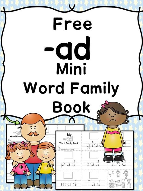 Teach the ad word family using these at cvc word family worksheets. Students make a mini-book with different words that end in 'ad'. Cut/Paste/Tracing Fun Ad Word Family Worksheets, Ad Word Family, Word Family Books, Kindergarten Word Families, Family Worksheets, Word Family Activities, Word Family Worksheets, Family Worksheet, Cvc Word Families