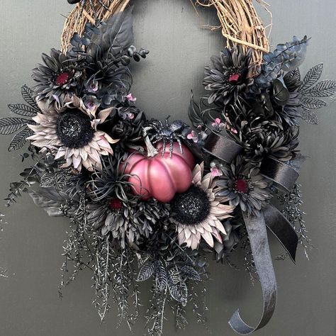 Add a little fun to your front door this Halloween with this spooky but elegant wreath. With its gray sunflowers, dark pumpkin,  black and purple daisies and a few scary spiders it's just enough scary for this elegant Halloween wreath.  All my wreaths are made to order so If there is something not quite right on any of my wreaths, just let me know. approx. dimensions - 33" x 26"     its on a 24" oval grapevine base. This is a Artificial floral wreath! I'm  a "MADE TO ORDER"  wreath shop! Each wr Moody Wreaths, October Wreath, Scary Spiders, Spooky Door, Halloween Porch Decor, Halloween Front Door, Elegant Wreath, Spiders Scary, Halloween Front Doors