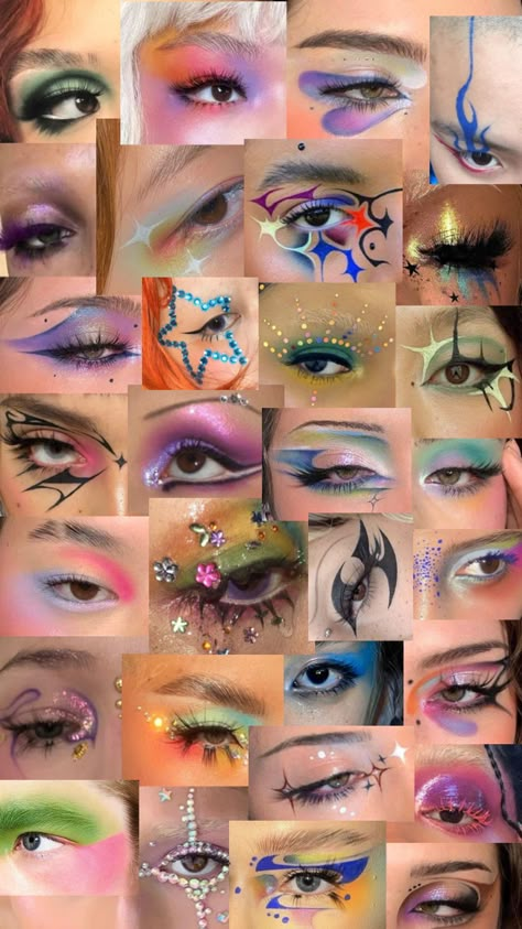 Graphic Eye Makeup Looks, Jules Eyeliner, Abstract Eyeshadow, Funky Makeup Creative, Eyeshadow Graphic, Whimsigoth Makeup, Maximalist Makeup, Graphic Eyeshadow, Planet Makeup