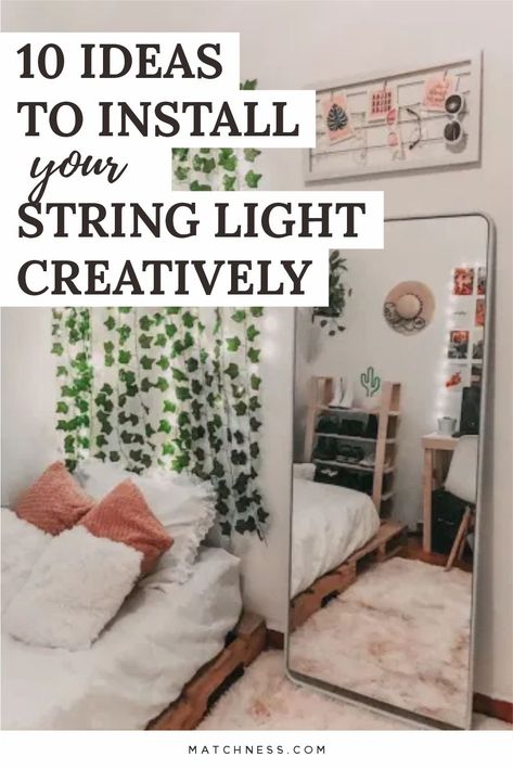 You can use string lights for lighting ideas in your home to make it look more beautiful. Try attaching the vines to the wall, then adding string lights there. So that it will make your walls look beautiful and can be the perfect focal point. #stringlight #lighting #decorativelighting Vine Garland Bedroom, Sheer Curtains With String Lights, Curtain Lights And Vines Bedroom, Curtain Lights With Vines, Boho Bedroom With Curtain Lights, Wall Vine Ideas, Curtain Vine Lights, String Light Bedroom Ideas, Vine Lights Bedroom Ideas