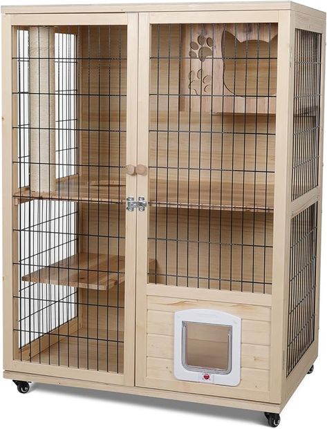 Amazon.com : PANTAZO Wooden Cat House Large Space Cat Cage with Scratching Post and Lockable Wheels Double Layer Cat House with Escape Door Outdoor/Indoor… : Pet Supplies Wooden Cat House Outdoor, Cat Wooden House, Cat House Indoor Ideas, Cat Cages Outdoor, Cat Home Ideas Indoor, Cat Cage Ideas, Cat Outdoor House, Cat Patio Ideas, Cat House Design