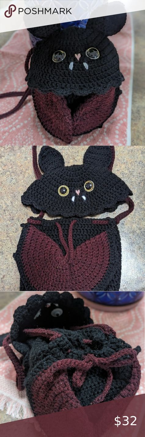 Handmade Crochet Bat Buddy Drawstring Bag Bat Crochet Bag, Crochet Bat Bag, Gothic Crochet, Bat Bag, Crochet Bat, Gothic Bag, Crochet Design Pattern, Crochet Design, Needle Felt