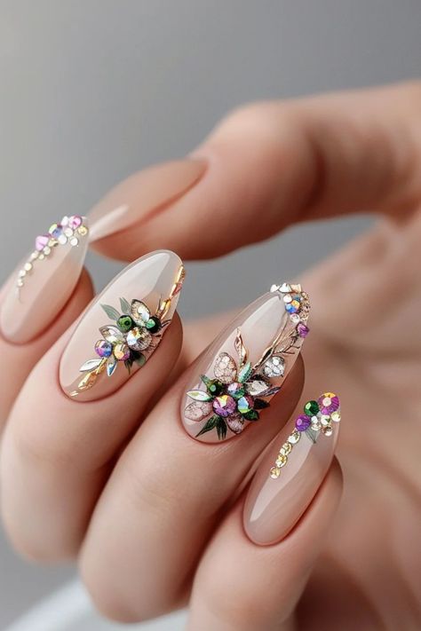 Sparkle and shine with 44 mesmerizing crystal nails designs! From delicate accents to full-on glamour, find the perfect look to make your nails dazzle and captivate Nail Crystal Designs, Nail Nail Designs, Nails Design With Rhinestones, Wedding Nails Design, Nail Art Wedding, Designs Nail, Gem Nails, Pretty Nail Art, Nail Art Rhinestones