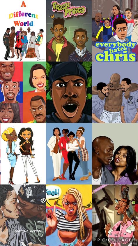 90’s Collage Black 90s Cartoon Characters, Character Collage Aesthetic, Black Pop Culture, Black Love Artwork, Black Lives Matter Art, Dope Cartoons, Cute Lockscreens, Black Couple Art, Cartoon Character Tattoos