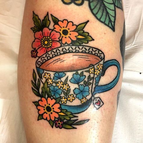 Coffee Mug Traditional Tattoo, Neo Traditional Teacup Tattoo, Witchy Tea Cup Tattoo, Halloween Teacup Tattoo, Cup And Saucer Tattoo, Teacup Tattoo Design, Tea Pot And Cup Tattoo, Tea Cup Tattoo Vintage, Traditional Teacup Tattoo