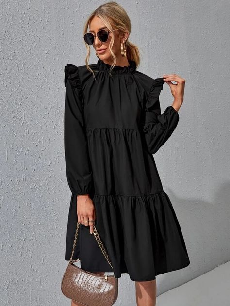 Ruffle Trim Ruched Front Smock Dress | SHEIN USA Smock Dress Outfit, Smocked Dresses, Ruffle Trim Dress, Lantern Sleeve Dress, Trapeze Dress, Bodycon Dress Parties, Dress Outfit, Smock Dress, Tiered Dress