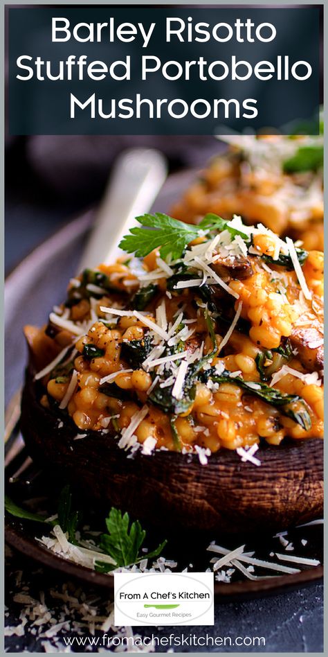 Photo of Barley Stuffed Portobello Mushrooms garnished with parsley and Parmesan cheese. Stuffed Portobello Mushrooms, Portobello Mushroom Recipes, Barley Risotto, Stuffed Portobello, No Meat, Veggie Bowl, Portobello Mushroom, Spinach And Cheese, Chefs Kitchen