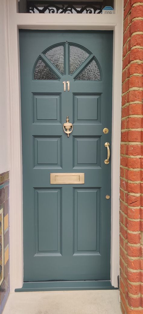 Recently painted front door using #farrowandball #inchryrablue exterior eggshell. Job is based in #London Painted Front Door On Brick House, Front Door Ideas Colour, London Doors Entrance, Blue Front Door Ideas, De Nimes Front Door, Inchyra Blue Front Door, Emerald Front Door, Indoor Door Color Ideas, Upvc Front Door Makeover