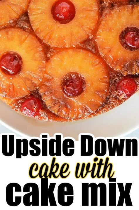 This easy pineapple upside down cake with yellow cake mix can be prepped and baked in an hour. A cheap dessert with canned fruit we love. Easy Pineapple Upside Down Cake, Pineapple Upside Cake, Yellow Cake Mix Recipes, Caramelized Pineapple, Cheap Desserts, Pineapple Upside Down Cupcakes, Box Cake Recipes, Boxed Cake Mixes Recipes, Cherry Topping