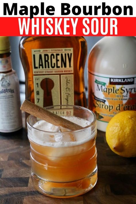 How to make a festive Maple Bourbon Sour. Our easy whiskey cocktail recipe features bourbon, lemon juice, maple syrup, bitters and cinnamon. Maple Bourbon Sour, Bourbon Sour Recipe, Whiskey Cocktails Easy, Maple Whiskey, Bourbon Sour, Bourbon Cherries, Bourbon Recipes, Maple Syrup Recipes, Cocktail Recipes Whiskey