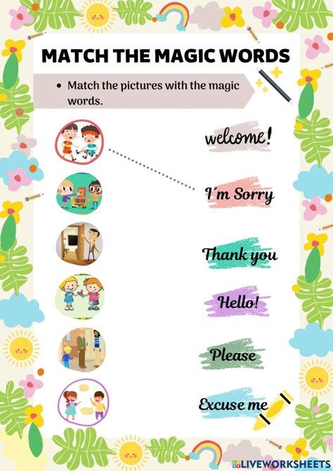 Polite Words Worksheet, Polite Expressions Worksheets, Magic Words Worksheet, Good Manners Worksheets For Kids, Magic Words For Kids Classroom, Magic Words List, Polite Expressions, Words Worksheets For Kindergarten, Polite Words