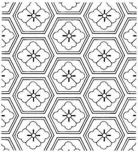 The pattern of continuous hexagones was initially born in the West Asia, went eastward and eventually reached Japan by way of China and Korea. The pattern is called 'turtle's back' for its physical association. The turtle is considered as auspicious as it lives to a very late age, until ten thousand. It is also a vehicle of taoist immorals. The pattern on the left graphic shows flowers in diamond shape inside hexagones, which is called '亀甲花菱', which is one of the family emblems in Japan. Asian Pattern Tattoo, Japan Pattern Design, Japanese Turtle, Japanese Hexagon Pattern, Chinese Patterns Traditional Flower, Japanese Patterns Traditional Sakura, Traditional Japanese Art, Ten Thousand, Textile Pattern Design