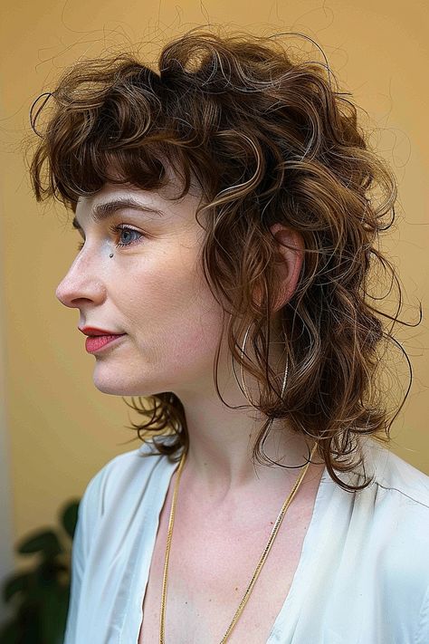 Layered curly mullet with textured volume Short Edgy Curly Hair, Curly Hair Mullet Girl, Shaggy Haircuts Curly Hair, Shag Mullet Curly Hair, Shag Curly Hair, Curly Modern Mullet, Layered Curly Hairstyles, Soft Mullet, Soft Curly Hair