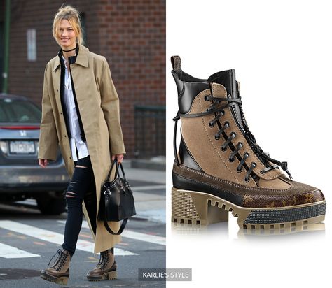 Karlie Kloss - Louis Vuitton Boots #karliekloss #louisvuitton Lv Combat Boots Outfit, Louis Vuitton Boots Women, Lv Boots Louis Vuitton Outfit, Louis Vuitton Boots Outfit, Louis Vuitton Combat Boots Outfit, Brown Lace Up Boots Outfit, Desert Boot Outfit, Desert Boots Outfit, Louis Vuitton Combat Boots