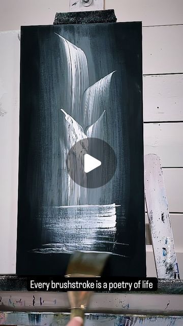 White Paint On Black Canvas, Canvas Painting On Black Canvas, Black White Watercolor Painting, Painting A Waterfall, How To Paint Waterfall, Painting In Black Canvas, How To Paint A Waterfall, Painting Ideas Black Canvas, Black Canvas Paintings Acrylics