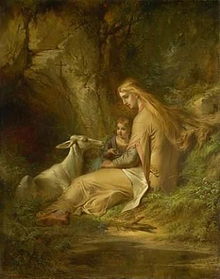 Genevieve of Brabant: "St. Genevieve of Brabant in the Forest" by George Frederick Bensell (americanart.si.edu) St Genevieve, Tattoo Sketch, Hunting Trip, Korean Art, Enchanted Garden, A4 Poster, Art Masters, Vintage Artwork, In The Forest