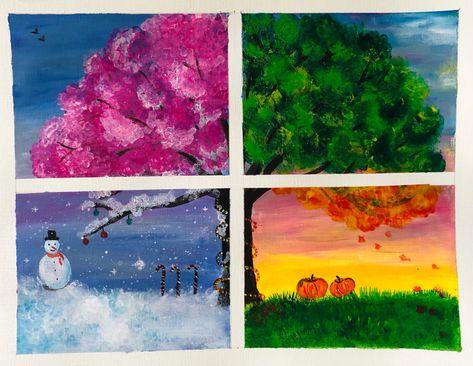 Four Piece Painting, Painting Seasons, Winter Spring Summer Fall Art, Seasons Paintings On Canvas, Seasons Canvas Painting, Four Season Painting Ideas, Season Paintings Four, 4 Season Painting, Season Painting