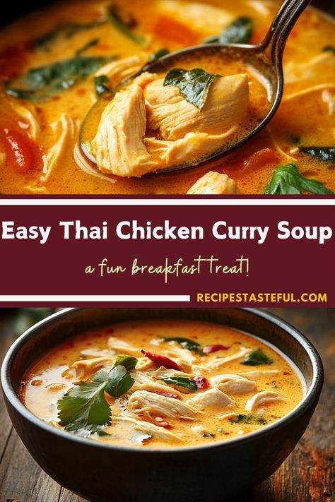 This Thai chicken curry soup is quick, simple, and bursting with flavor. With its bold, Thai-inspired tastes, it’s perfect for a comforting meal and a favorite for busy weeknights or cozy weekends. Thai Chicken Soup Recipes, Chicken Curry Soup Recipe, Thai Chicken Curry Soup, Easy Thai Chicken, Thai Curry Soup, Curry Soup Recipes, Chicken Curry Soup, Thai Chicken Soup, Thai Curry Recipes