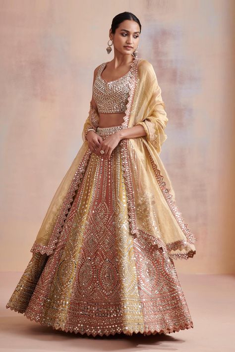 Mirror Lehenga, Rust Blouse, Gold Lehenga, Mirror Work Lehenga, Red Lehenga, Embroidered Lehenga, Wedding Lehenga, Silk Lehenga, Indian Fashion Designers