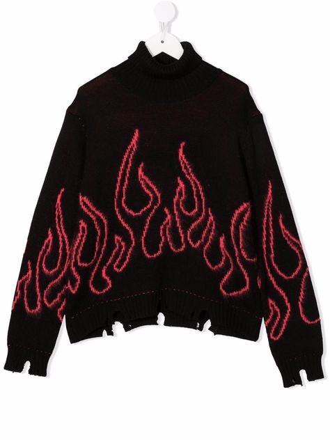 Black/red intarsia-flame distressed knit jumper from Vision Of Super Kids featuring patterned intarsia knit, flame print, distressed effect, high neck and long sleeves. | Vision Of Super Kids Intarsia-Flame Distressed Knit Jumper Flame Sweater, Skull Furniture, Rollneck Sweater, Designer Boys, Roll Neck Sweater, Boys Sweaters, Knitwear Design, Kids Sweater, Softest Sweater