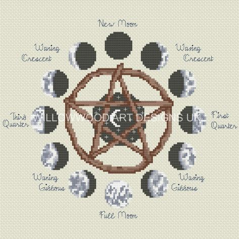 Pentacle Cross Stitch, Cross Stitch Moon Phases, Cross Stitch Witchcraft, Pentagram Cross Stitch, Wicca Cross Stitch, Witchy Cross Stitch Patterns Free, Pagan Cross Stitch Patterns Free, Pentacle Witchcraft, Witchy Cross Stitch Patterns